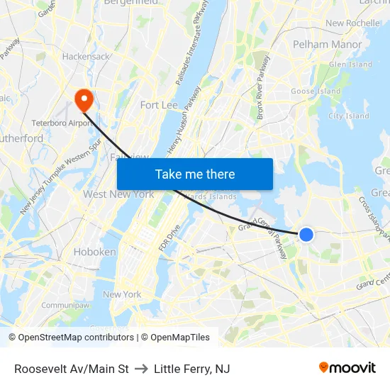 Roosevelt Av/Main St to Little Ferry, NJ map
