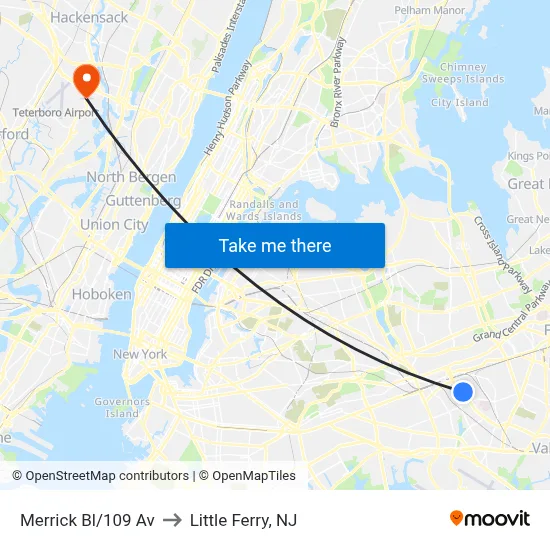 Merrick Bl/109 Av to Little Ferry, NJ map