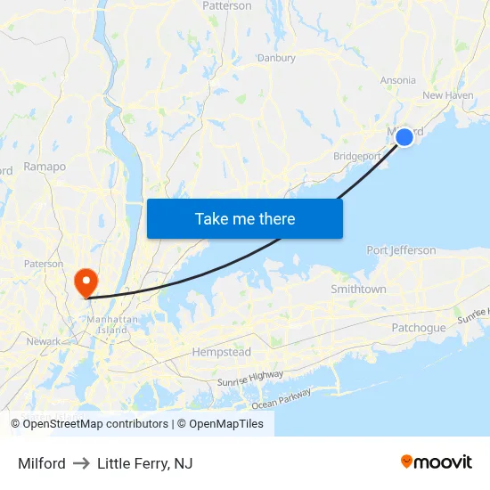 Milford to Little Ferry, NJ map