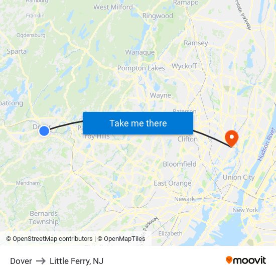 Dover to Little Ferry, NJ map