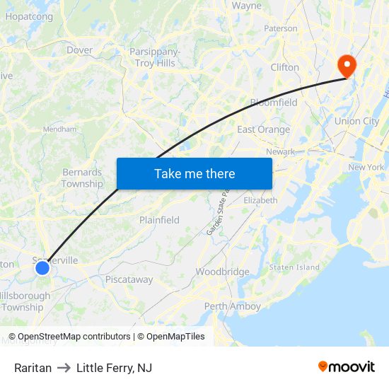 Raritan to Little Ferry, NJ map