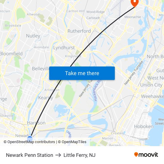 Newark Penn Station to Little Ferry, NJ map