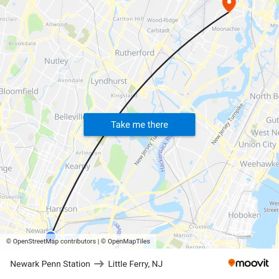 Newark Penn Station to Little Ferry, NJ map