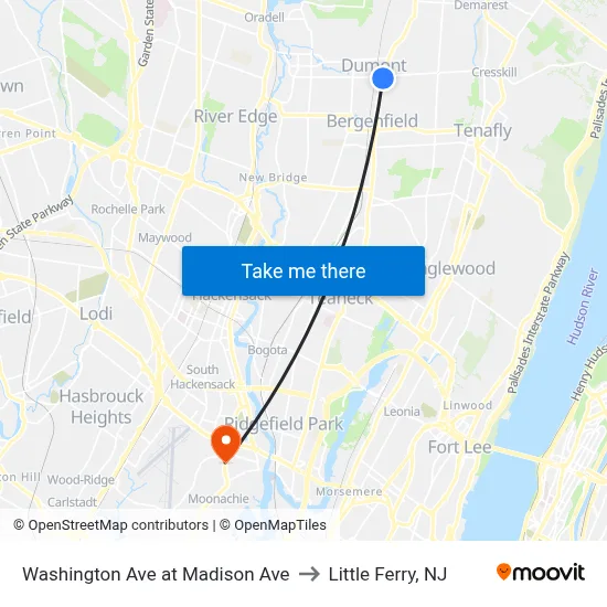 Washington Ave at Madison Ave to Little Ferry, NJ map