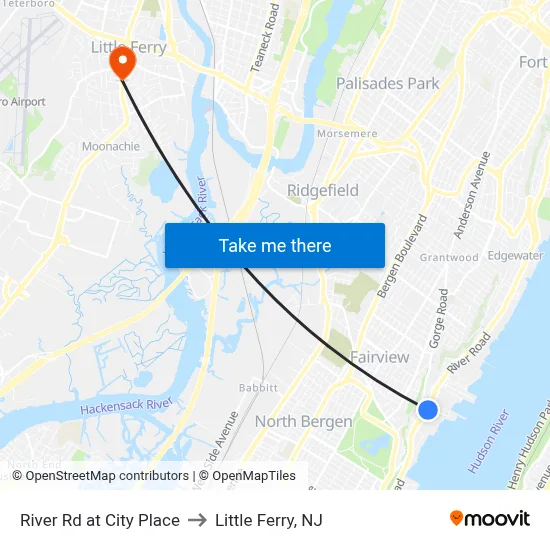 River Rd at City Place to Little Ferry, NJ map