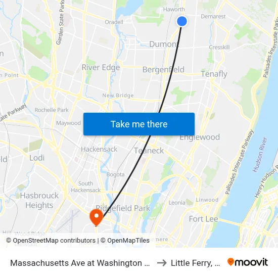 Massachusetts Ave at Washington Ave to Little Ferry, NJ map