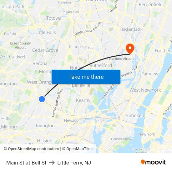 Main St at Bell St to Little Ferry, NJ map