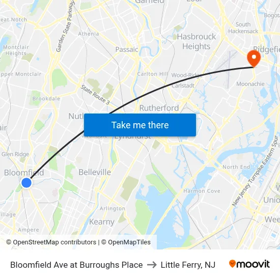 Bloomfield Ave at Burroughs Place to Little Ferry, NJ map