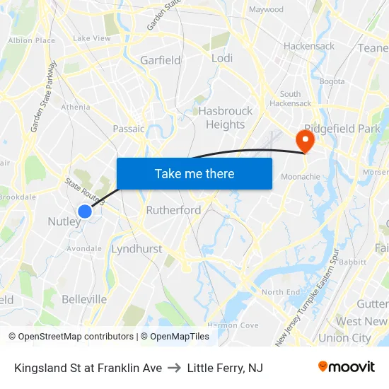 Kingsland St at Franklin Ave to Little Ferry, NJ map