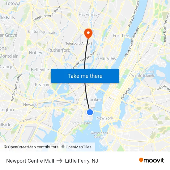 Newport Centre Mall to Little Ferry, NJ map