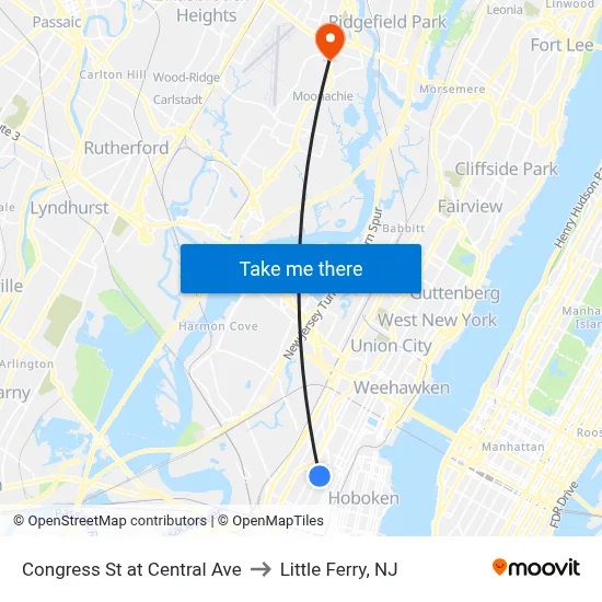Congress St at Central Ave to Little Ferry, NJ map