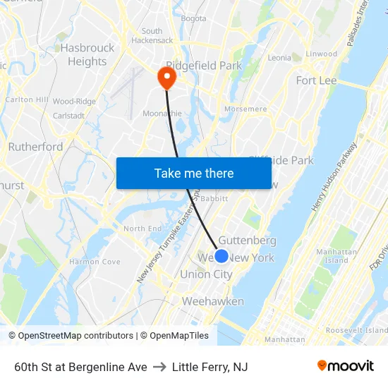 60th St at Bergenline Ave to Little Ferry, NJ map