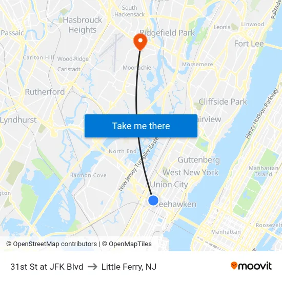 31st St at JFK Blvd to Little Ferry, NJ map