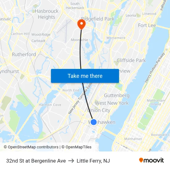 32nd St at Bergenline Ave to Little Ferry, NJ map