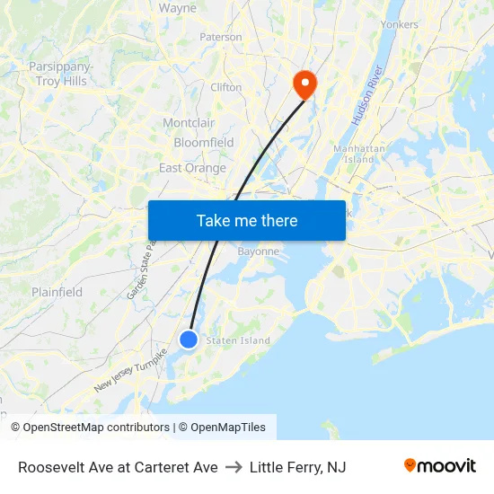 Roosevelt Ave at Carteret Ave to Little Ferry, NJ map