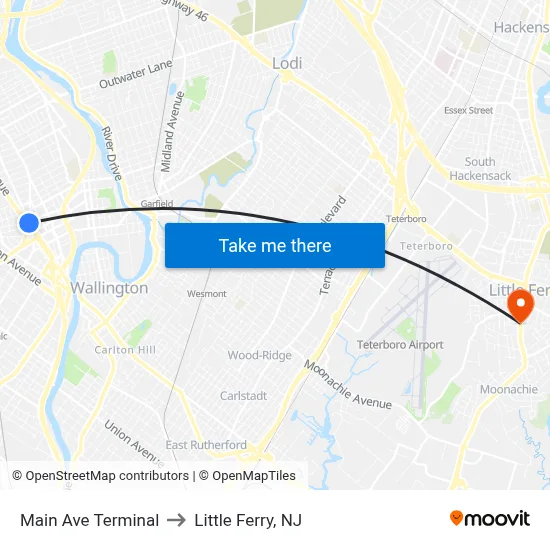 Main Ave Terminal to Little Ferry, NJ map