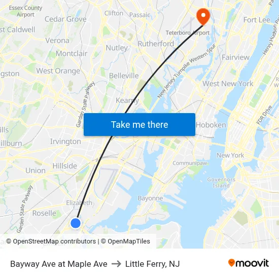 Bayway Ave at Maple Ave to Little Ferry, NJ map