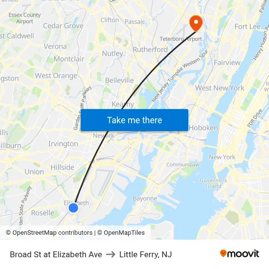 Broad St at Elizabeth Ave to Little Ferry, NJ map