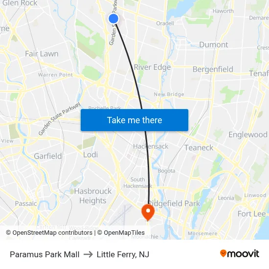 Paramus Park Mall to Little Ferry, NJ map