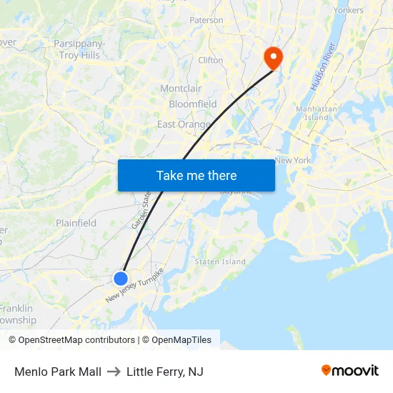 Menlo Park Mall to Little Ferry, NJ map