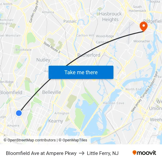 Bloomfield Ave at Ampere Pkwy to Little Ferry, NJ map