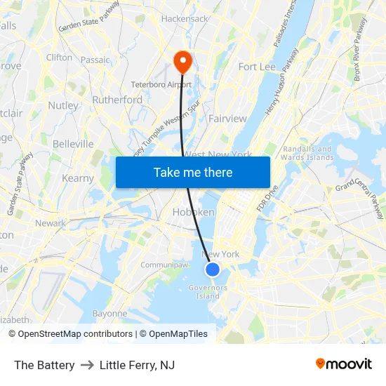 The Battery to Little Ferry, NJ map