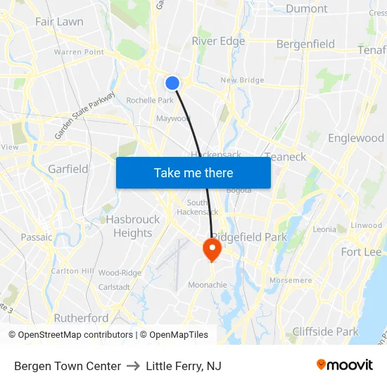 Bergen Town Center to Little Ferry, NJ map