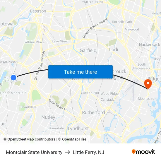 Montclair State University to Little Ferry, NJ map