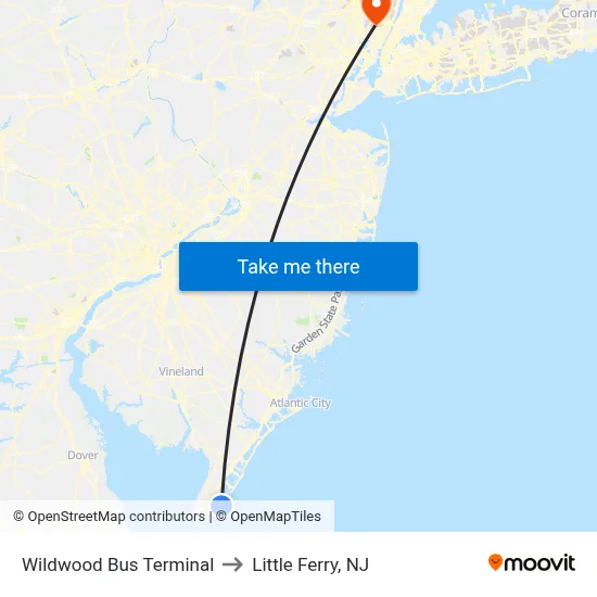 Wildwood Bus Terminal to Little Ferry, NJ map