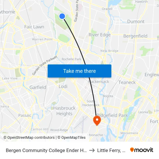 Bergen Community College Ender Hall to Little Ferry, NJ map