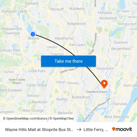 Wayne Hills Mall at Shoprite Bus Stop to Little Ferry, NJ map