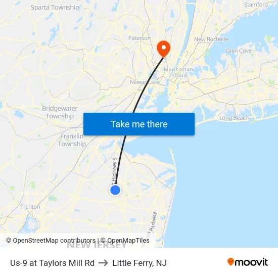 Us-9 at Taylors Mill Rd to Little Ferry, NJ map