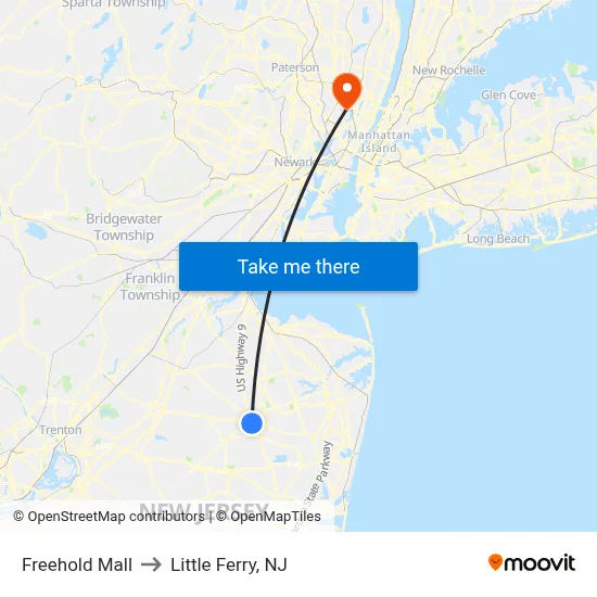 Freehold Mall to Little Ferry, NJ map