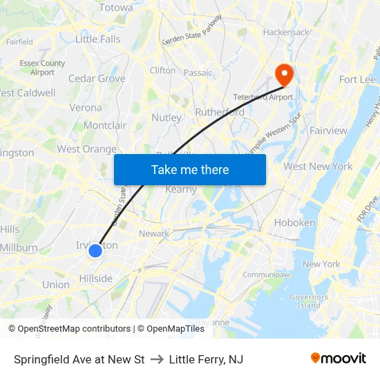 Springfield Ave at New St to Little Ferry, NJ map