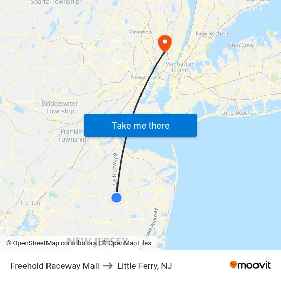 Freehold Raceway Mall to Little Ferry, NJ map