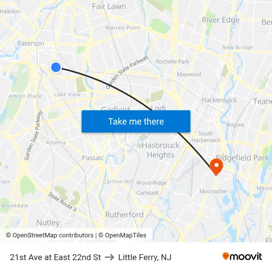 21st Ave at East 22nd St to Little Ferry, NJ map