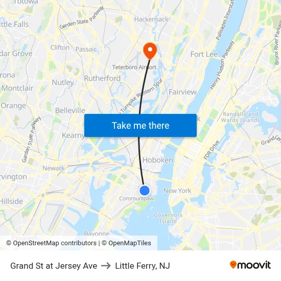 Grand St at Jersey Ave to Little Ferry, NJ map
