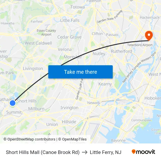 Short Hills Mall (Canoe Brook Rd) to Little Ferry, NJ map