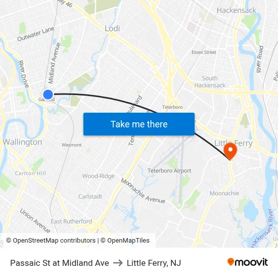 Passaic St at Midland Ave to Little Ferry, NJ map
