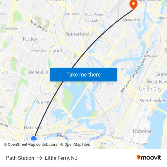 Path Station to Little Ferry, NJ map