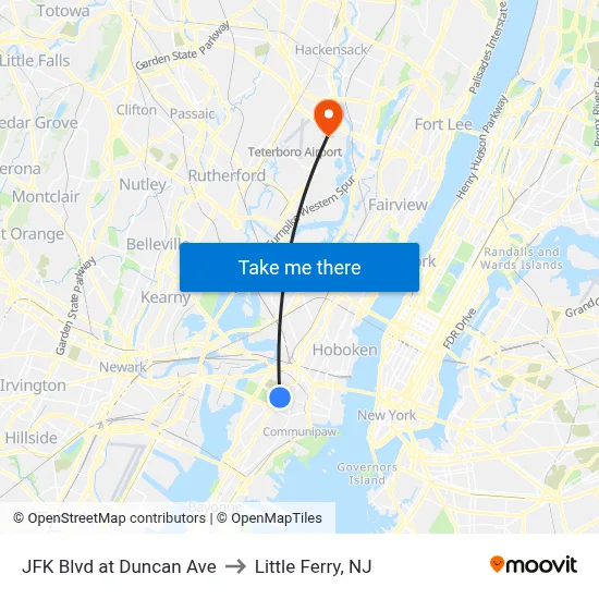 JFK Blvd at Duncan Ave to Little Ferry, NJ map