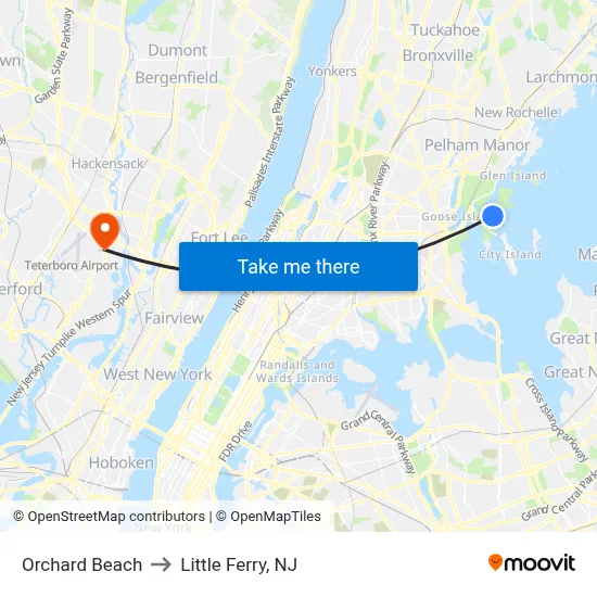 Orchard Beach to Little Ferry, NJ map