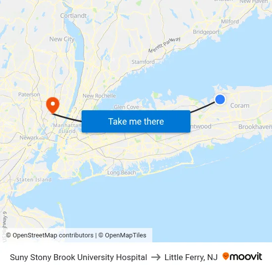 Suny Stony Brook University Hospital to Little Ferry, NJ map