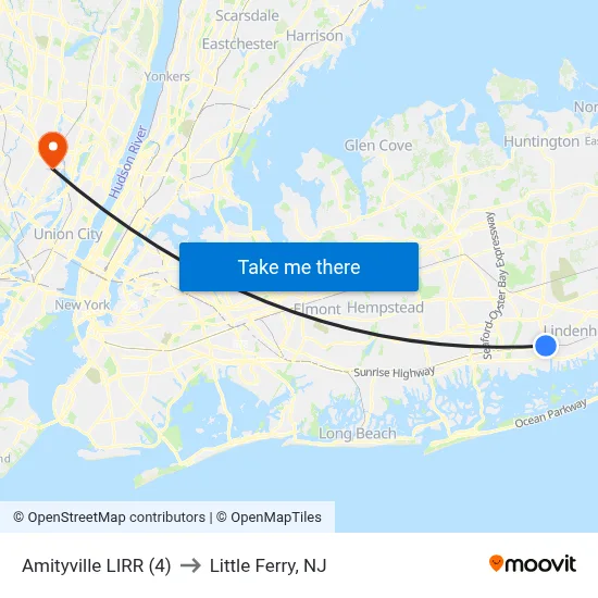 Amityville LIRR (4) to Little Ferry, NJ map