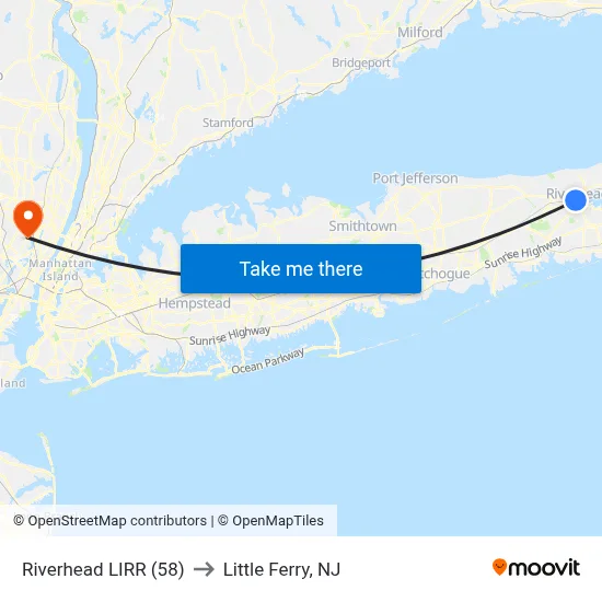 Riverhead LIRR (58) to Little Ferry, NJ map