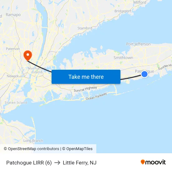 Patchogue LIRR (6) to Little Ferry, NJ map