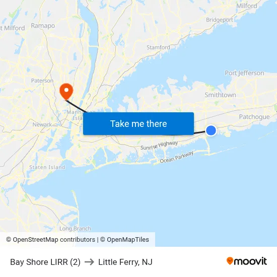 Bay Shore LIRR (2) to Little Ferry, NJ map