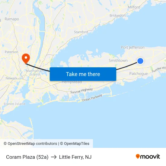 Coram Plaza (52a) to Little Ferry, NJ map