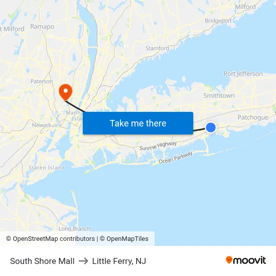 South Shore Mall to Little Ferry, NJ map