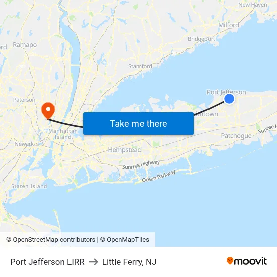 Port Jefferson LIRR to Little Ferry, NJ map